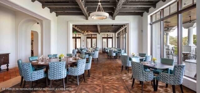 Chandelier, Dining room, Interior, Pendant Lights, Wooden Beams, Wooden Ceilings, Wood Texture Flooring
