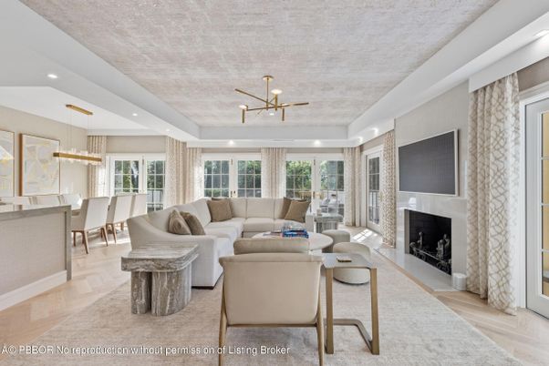 Dining room, Fireplace, Interior, Living room, Pendant Lights, Recessed Lighting, Wood Texture Flooring