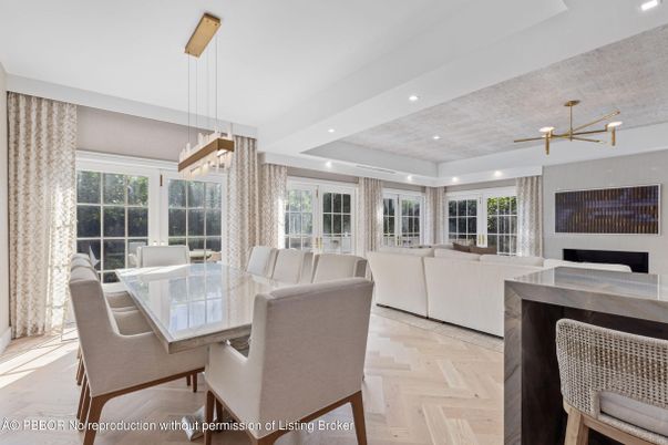 Dining room, Fireplace, Interior, Living room, Pendant Lights, Recessed Lighting, Wood Texture Flooring