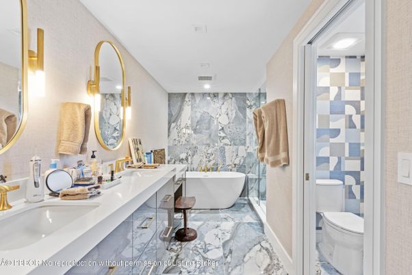 Bathroom, Dual Sink Vanities, Free Standing Baths, Interior, Marble, Marble Walls