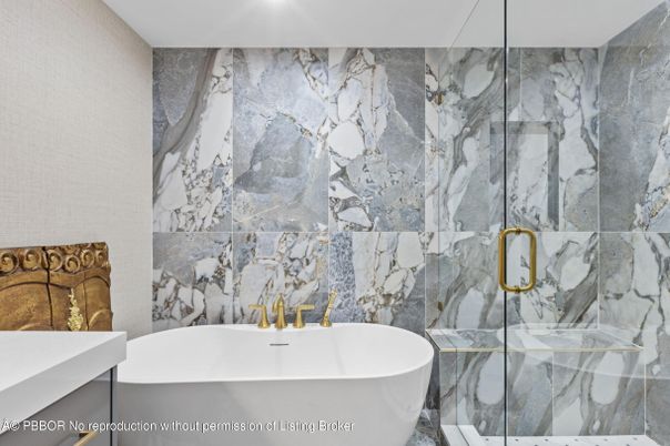 Bathroom, Free Standing Baths, Glass Shower, Interior, Marble Walls, Recessed Lighting
