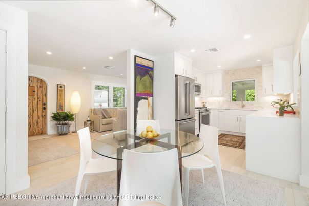 Dining room, Interior, Kitchen, Living room, Recessed Lighting, Stainless Steel Appliances, Wood Texture Flooring
