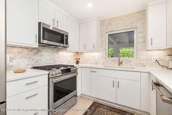 Interior, Kitchen, Recessed Lighting, Stainless Steel Appliances, Stone Walls, Wood Texture Flooring