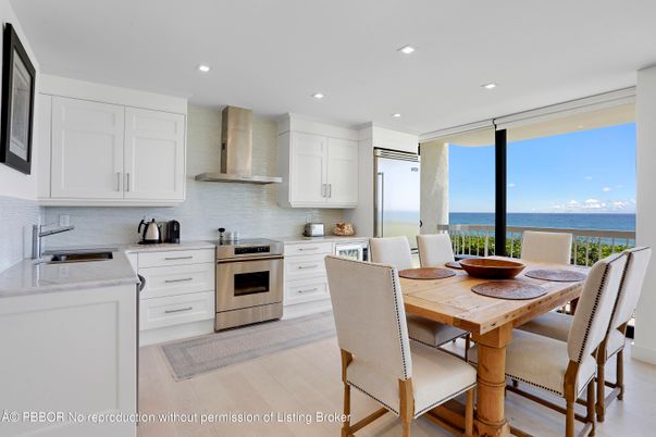 Dining room, Interior, Kitchen, Recessed Lighting, Stainless Steel Appliances, Water, Wood Texture Flooring