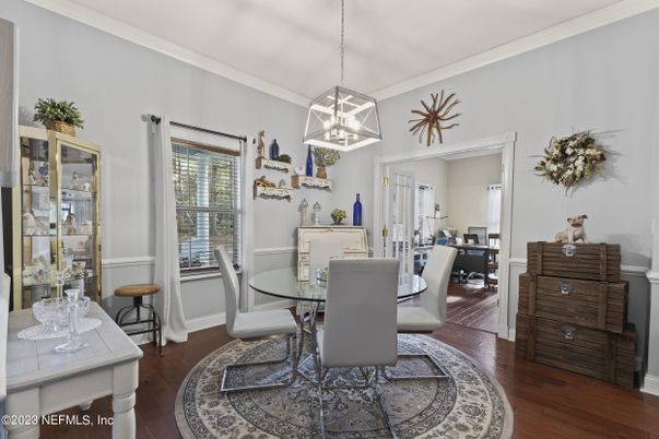 Dining room, Interior, Pendant Lights, Wood Texture Flooring