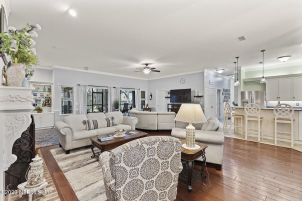 Dining room, Fireplace, Interior, Kitchen, Living room, Pendant Lights, Recessed Lighting, Wood Texture Flooring