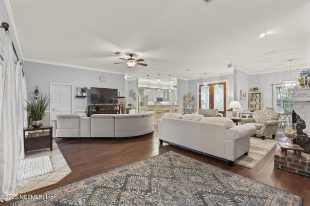 Dining room, Fireplace, Interior, Kitchen, Living room, Pendant Lights, Recessed Lighting, Wood Texture Flooring