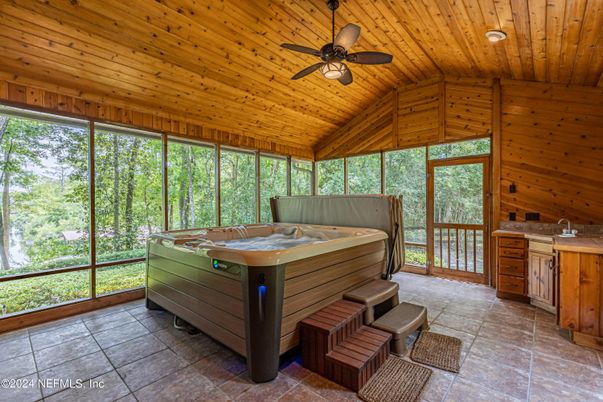 Hot Tub, Interior, Recessed Lighting, Sun Room, Wooden Ceilings, Wooden Walls