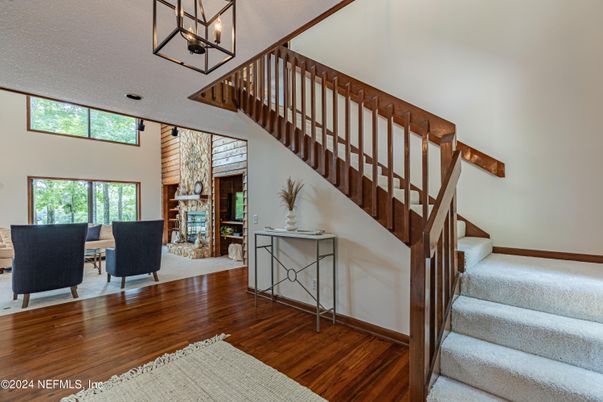 Dining room, Fireplace, Interior, Pendant Lights, Wood Texture Flooring
