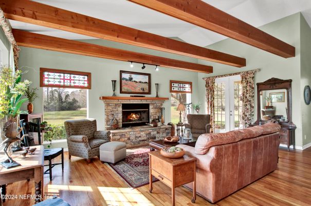 Fireplace, Interior, Living room, Wooden Beams, Wood Texture Flooring