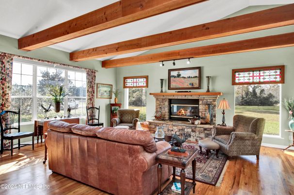 Fireplace, Interior, Living room, Wooden Beams, Wood Texture Flooring