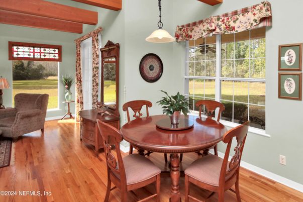 Dining room, Interior, Pendant Lights, Wooden Beams, Wood Texture Flooring