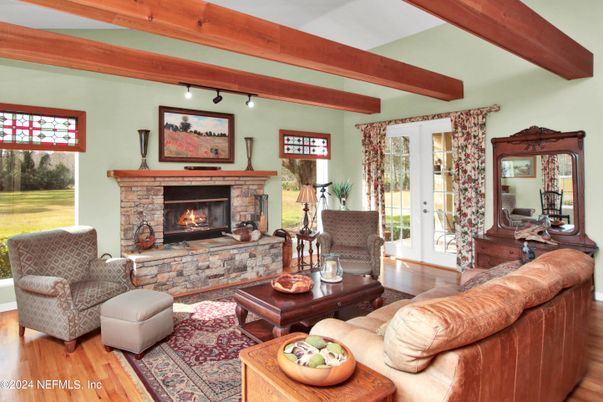 Fireplace, Interior, Living room, Wooden Beams, Wood Texture Flooring
