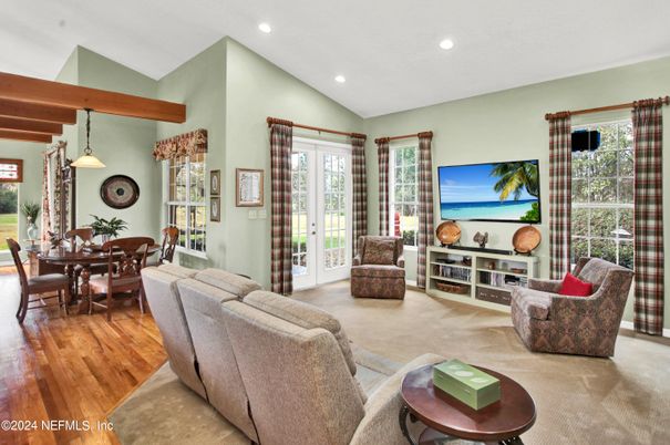 Dining room, Interior, Living room, Pendant Lights, Recessed Lighting, Wooden Beams, Wood Texture Flooring