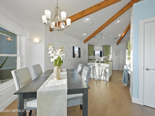 Chandelier, Dining room, Interior, Kitchen, Recessed Lighting, Wooden Beams, Wood Texture Flooring