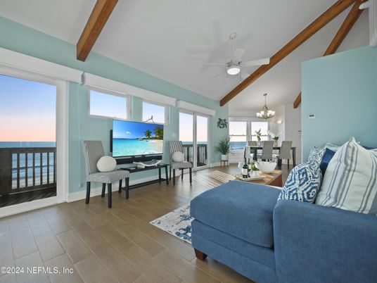 Chandelier, Interior, Living room, Water, Wooden Beams, Wood Texture Flooring