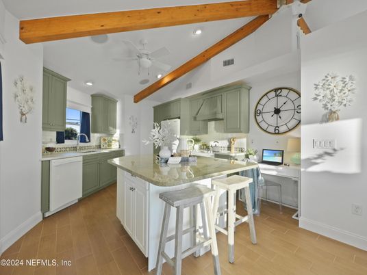 Interior, Kitchen, Recessed Lighting, Wooden Beams, Wood Texture Flooring