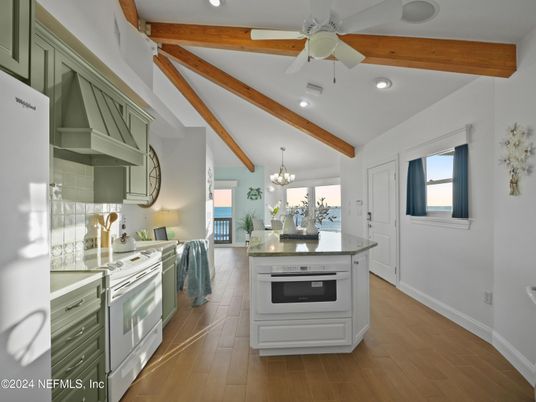 Chandelier, Interior, Kitchen, Recessed Lighting, Wooden Beams, Wood Texture Flooring