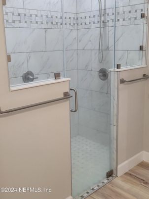 Bathroom, Glass Shower, Interior, Marble Walls, Wood Texture Flooring