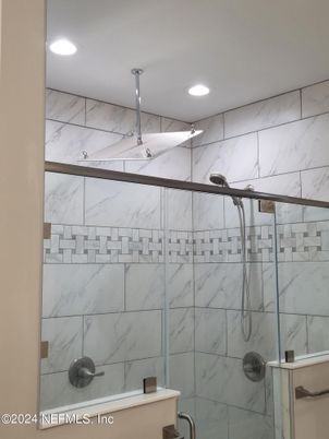Bathroom, Glass Shower, Interior, Marble Walls, Recessed Lighting