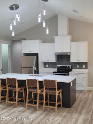Interior, Kitchen, Pendant Lights, Wood Texture Flooring