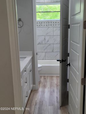 Bathroom, Interior, Marble Walls, Wood Texture Flooring