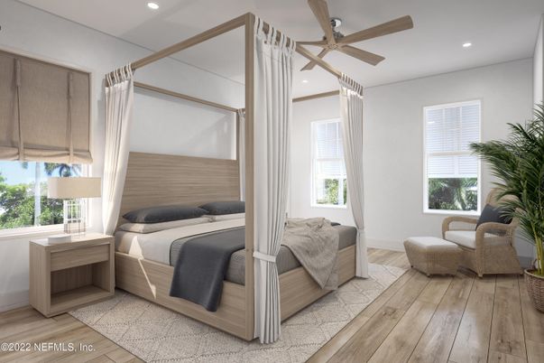 Bedroom, Interior, Recessed Lighting, Wood Texture Flooring