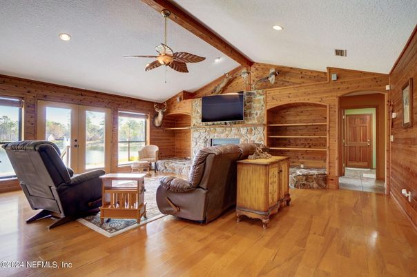 Fireplace, Interior, Living room, Recessed Lighting, Wooden Beams, Wood Texture Flooring, Wooden Walls