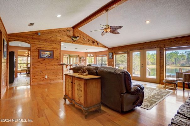 Interior, Living room, Recessed Lighting, Wooden Beams, Wood Texture Flooring, Wooden Walls