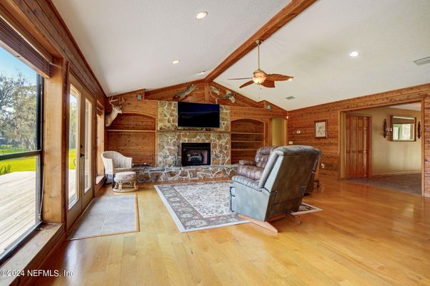 Fireplace, Interior, Living room, Recessed Lighting, Wood Texture Flooring, Wooden Walls