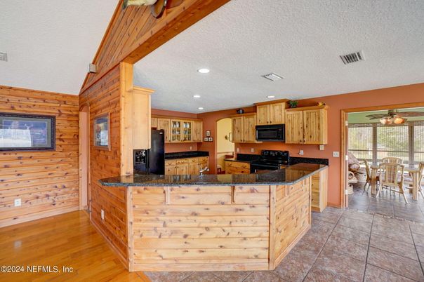 Dining room, Interior, Kitchen, Recessed Lighting, Wood Texture Flooring, Wooden Walls