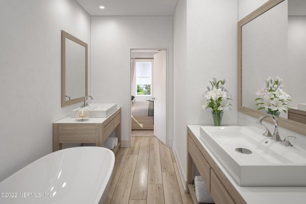 Bathroom, Dual Sink Vanities, Free Standing Baths, Interior, Recessed Lighting, Wood Texture Flooring