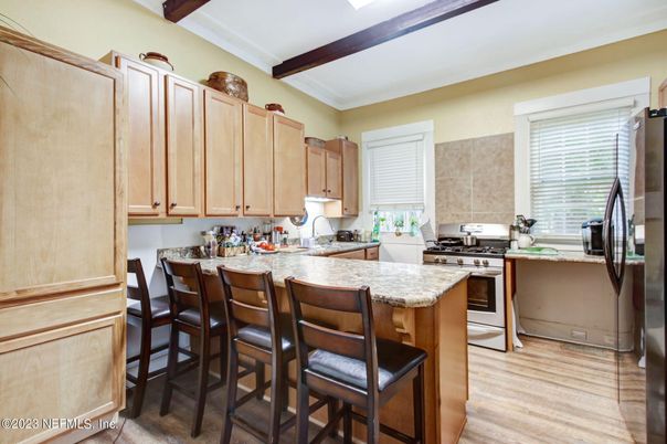 Interior, Kitchen, Stainless Steel Appliances, Wooden Beams, Wood Texture Flooring