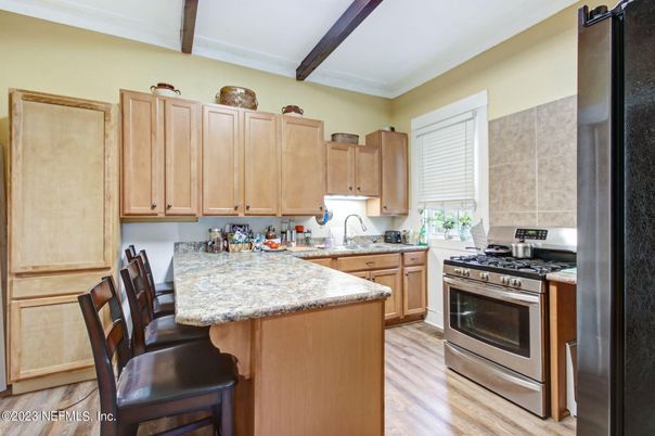 Interior, Kitchen, Stainless Steel Appliances, Wooden Beams, Wood Texture Flooring
