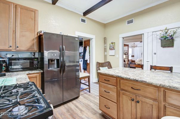 Interior, Kitchen, Stainless Steel Appliances, Wooden Beams, Wood Texture Flooring
