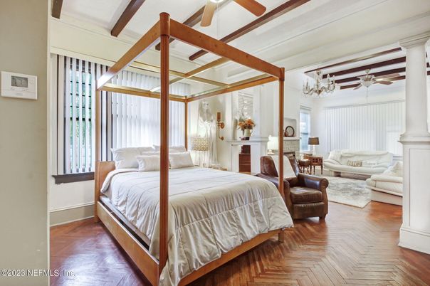 Bedroom, Fireplace, Interior, Wooden Beams, Wood Texture Flooring
