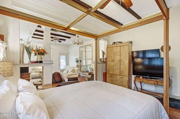 Bedroom, Chandelier, Fireplace, Interior, Wooden Beams