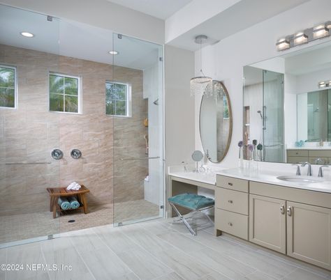 Bathroom, Dual Sink Vanities, Glass Shower, Interior, Recessed Lighting, Wood Texture Flooring