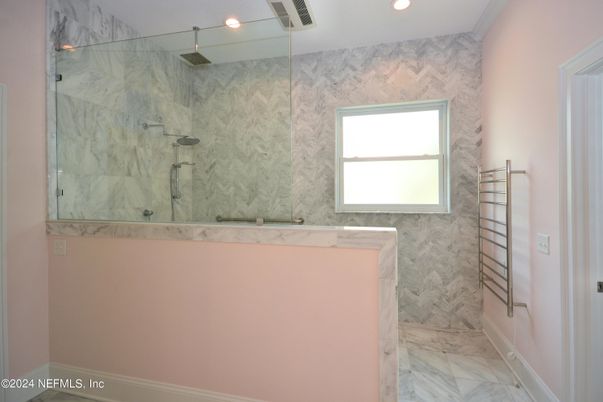 Bathroom, Glass Shower, Interior, Marble, Marble Walls, Recessed Lighting