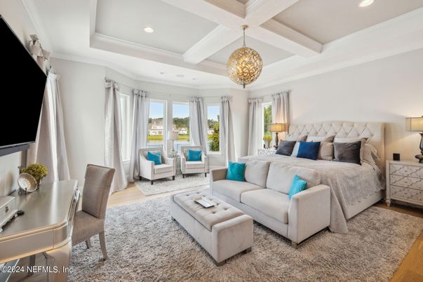 Bedroom, Interior, Pendant Lights, Recessed Lighting, Wood Texture Flooring