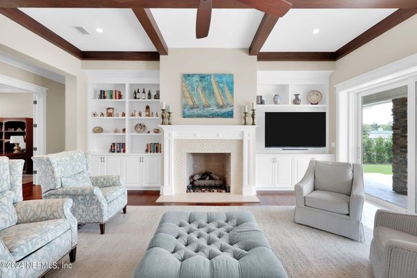Fireplace, Interior, Living room, Recessed Lighting, Wooden Beams, Wood Texture Flooring