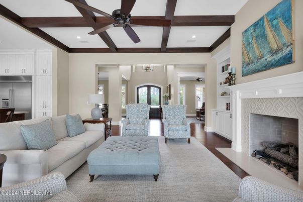 Fireplace, Interior, Kitchen, Living room, Recessed Lighting, Stainless Steel Appliances, Wooden Beams, Wood Texture Flooring