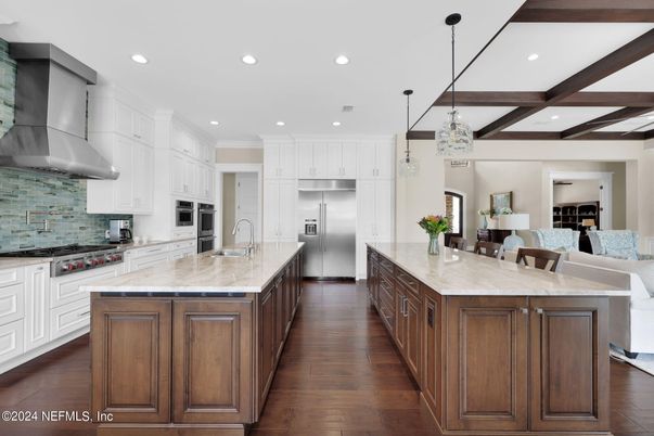 Interior, Kitchen, Pendant Lights, Recessed Lighting, Stainless Steel Appliances, Wooden Beams, Wood Texture Flooring