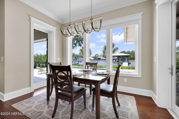Dining room, Interior, Pendant Lights, Wood Texture Flooring