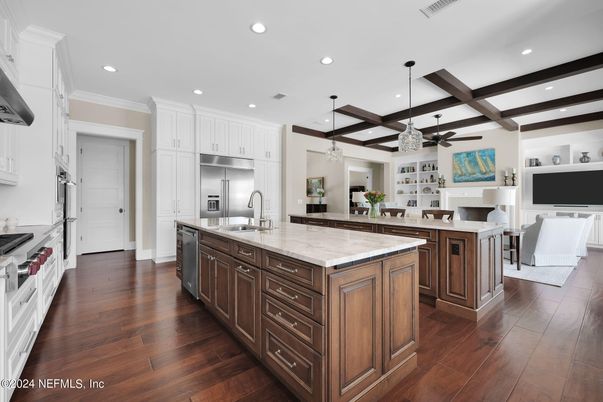 Interior, Kitchen, Pendant Lights, Recessed Lighting, Stainless Steel Appliances, Wooden Beams, Wood Texture Flooring