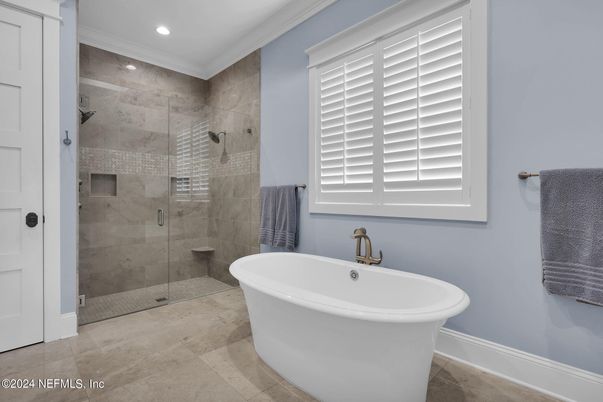 Bathroom, Free Standing Baths, Glass Shower, Interior, Recessed Lighting
