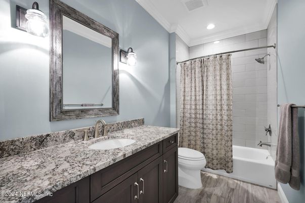 Bathroom, Dual Sink Vanities, Interior, Recessed Lighting, Wood Texture Flooring