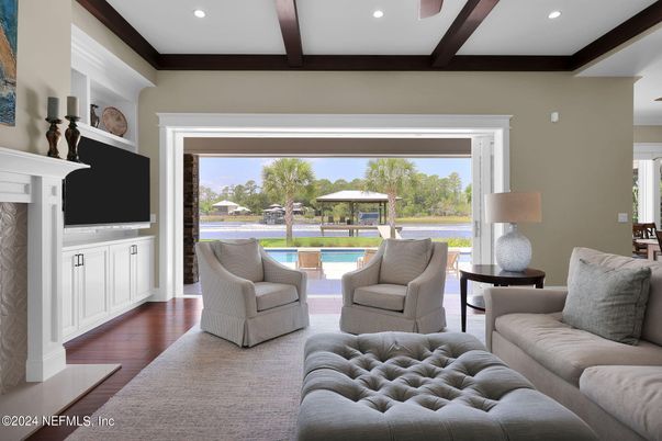 Fireplace, Interior, Living room, Recessed Lighting, Wooden Beams, Wood Texture Flooring
