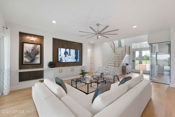 Interior, Living room, Recessed Lighting, Wood Texture Flooring