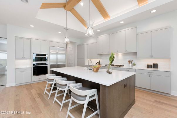 Interior, Kitchen, Pendant Lights, Recessed Lighting, Stainless Steel Appliances, Wooden Beams, Wood Texture Flooring